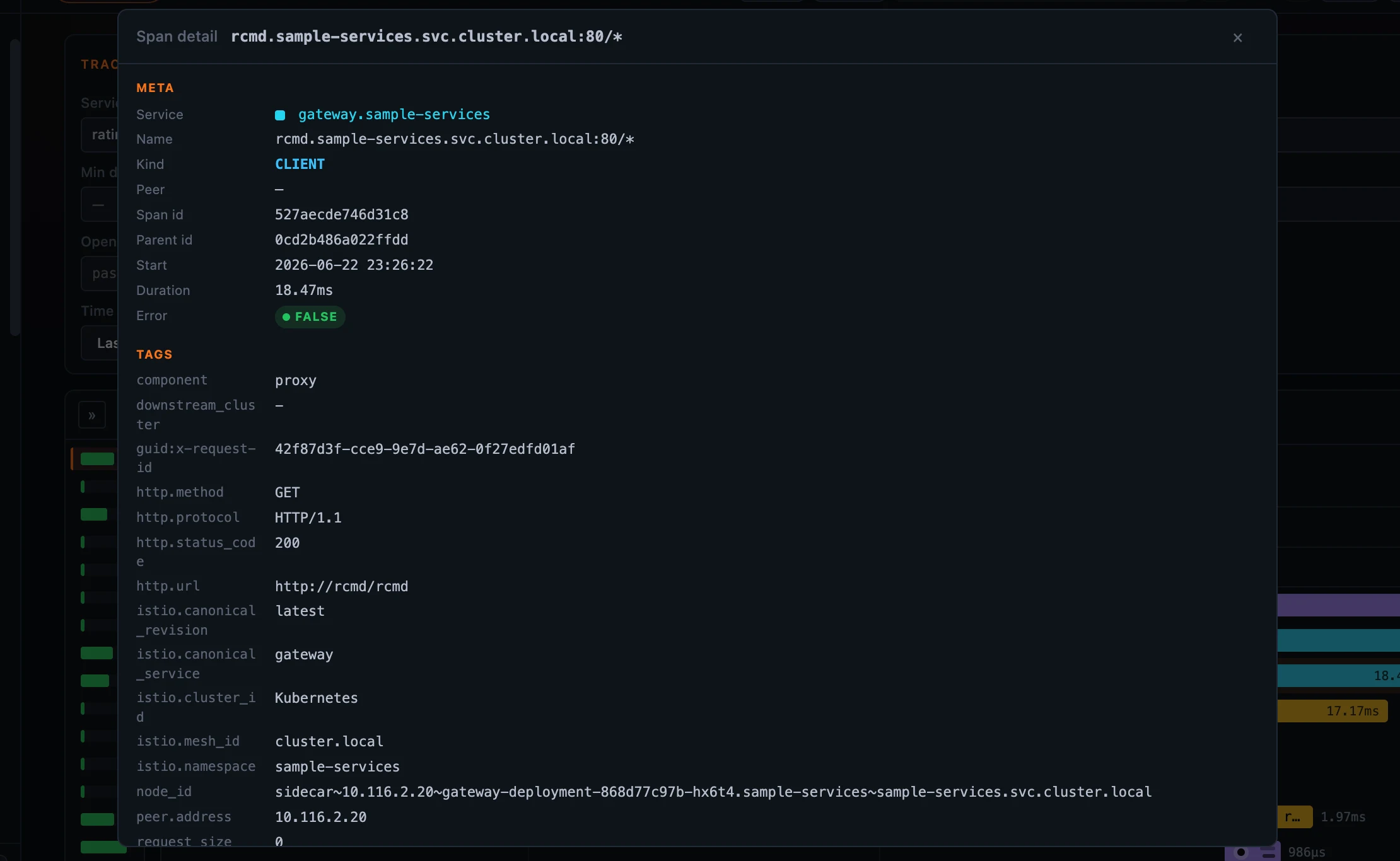Figure 5: A Zipkin span&rsquo;s detail panel — its Meta (Kind CLIENT, peer, duration) and the raw Zipkin/OTel tags, including the Istio sidecar set, kept in their native shape.