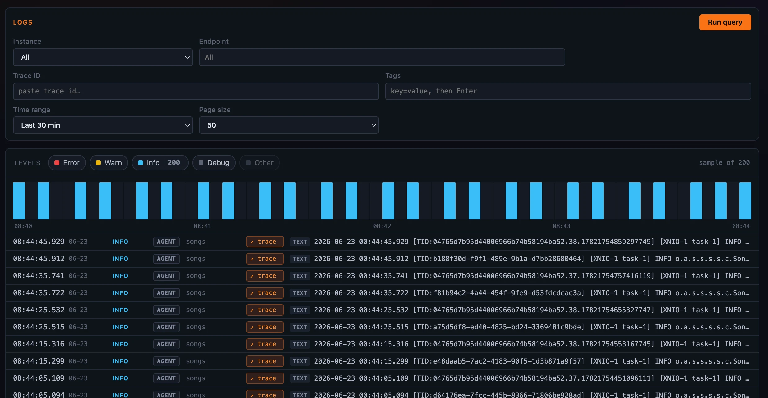 Figure 1: The stored Logs stream — the conditions bar, the level-stacked density histogram and Levels strip above, and the log rows below, each with its level color, service, format chip, and an ↗ trace link.