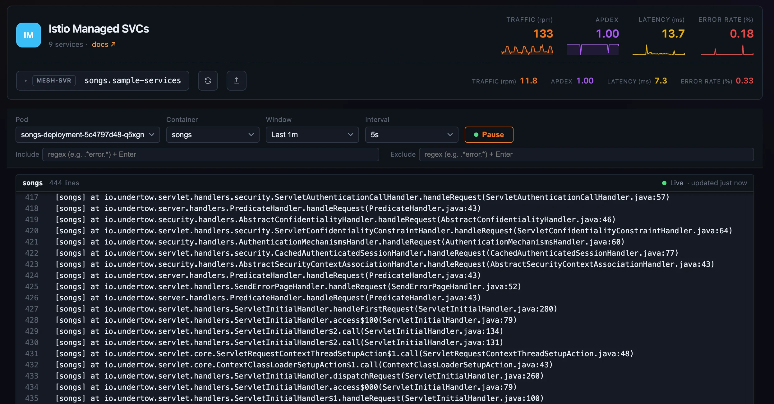 Figure 3: The Pod Logs tab — the pod and container pickers, the look-back window and poll interval, the live-indicator header strip, the Include/Exclude regex chips, and the read-only tail pane streaming the container&rsquo;s recent output.