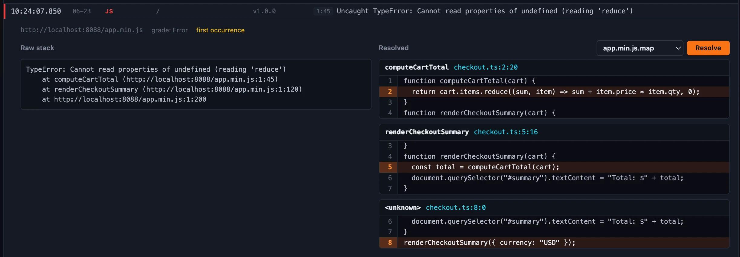Figure 2: An expanded error — the raw minified stack on the left, and on the right the resolved stack, each frame showing the original file:line:column, the symbol, and a highlighted source snippet.