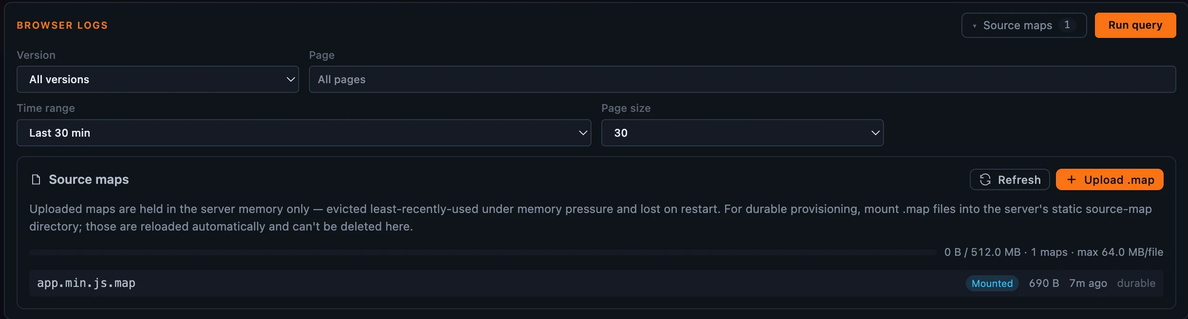 Figure 3: The source-map manager — the Upload .map control, the memory-budget bar (here 0 B / 512 MB, max 64 MB/file), and the loaded maps; the one shown is Mounted and durable, so it can&rsquo;t be deleted here, while uploaded maps appear as temporary.