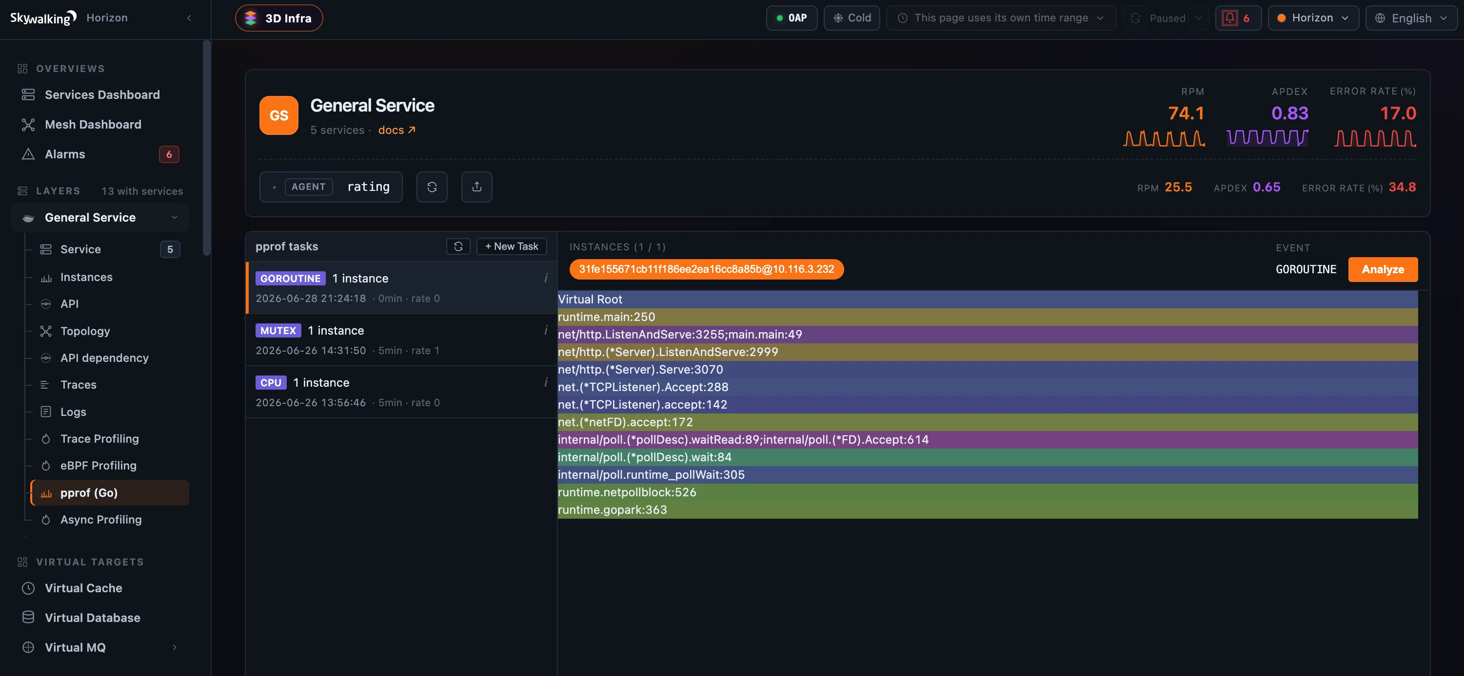 Figure 3: The pprof (Go) tab — a list of single-event tasks (GOROUTINE, MUTEX, CPU), each carrying its own duration and sampling rate, with one selected and analyzed into the shared flame graph.