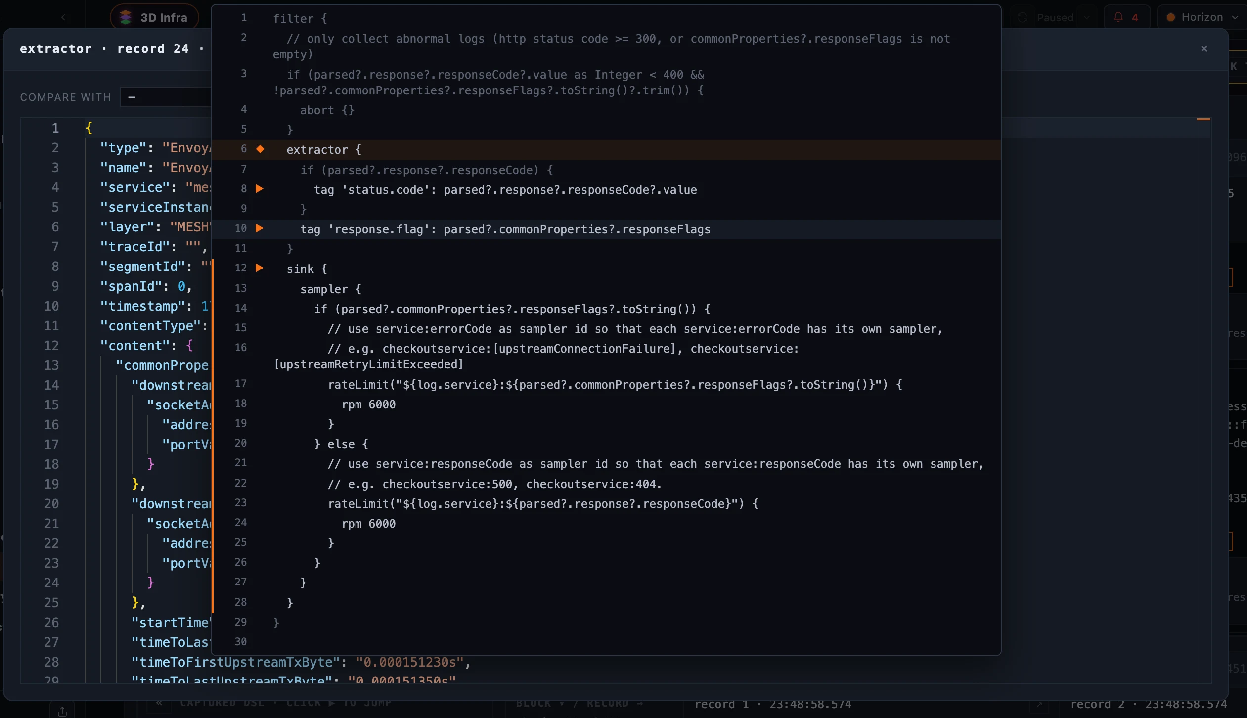 Figure 7: A popout showing one record&rsquo;s complete captured data as raw JSON, with a &ldquo;compare with&rdquo; selector, alongside the full DSL.
