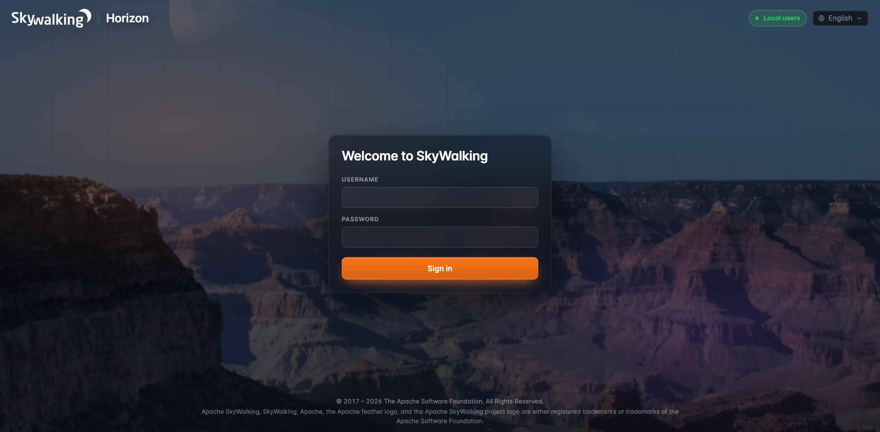 Figure 1: The Horizon login page — a backend-status pill reading &ldquo;Local users&rdquo;, a language selector, and the username/password form over the canyon backdrop.